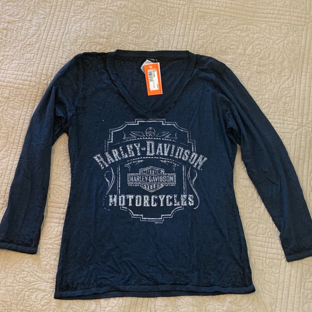 Harley Davidson woman’s long sleeve tee size XL. Navy with rhinestones